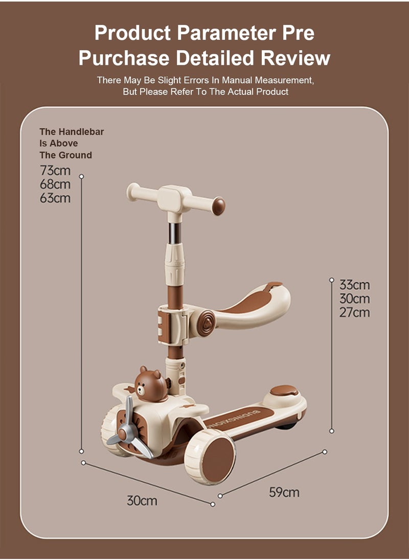 3-in-1 Kids Kick Scooter Foldable and Adjustable, with Gravity Steering and LED Flashing Wheels, for 1-6 Years Boys and Girls Indoor Outdoor (Brown)