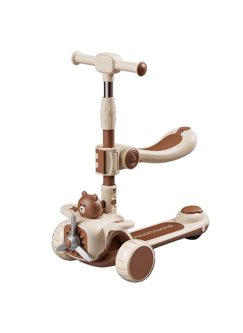 3-in-1 Kids Kick Scooter Foldable and Adjustable, with Gravity Steering and LED Flashing Wheels, for 1-6 Years Boys and Girls Indoor Outdoor (Brown)