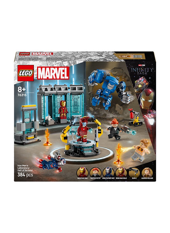 LEGO Marvel Iron Man’s Laboratory: Hall of Armour - Super Hero Building Toy with a Mech Figure, 5 Minifigures incl. Aldrich Killian & a Dum-E Robot - Avengers Gift for 8+ Year Old Boys & Girls 76315 (384 pieces)