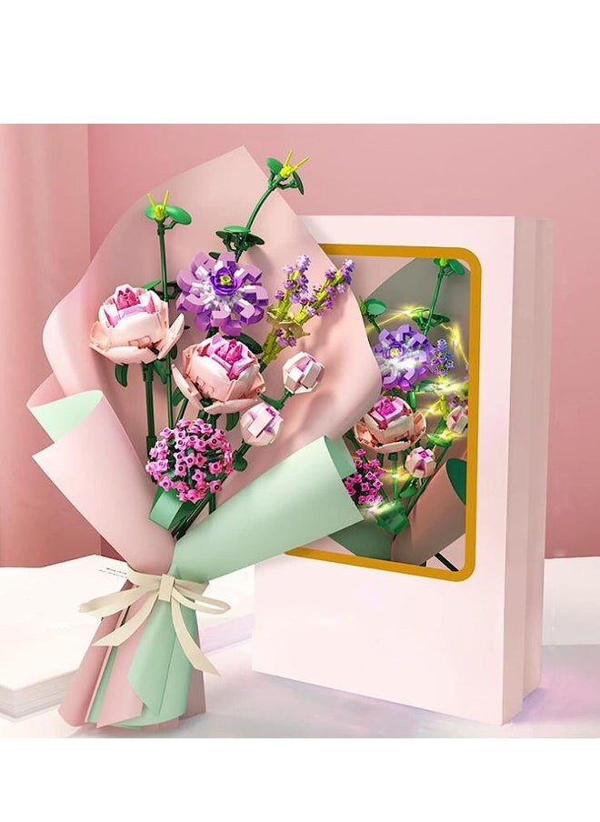 Rose Flower Bouquet Building Kit, Unique Artificial Flowers with LED LightWrapping Paper and Card, DIY Creative Flower Bouquet Set- Ideal Gifts for Adult Girl Kids Birthday 413 Pieces