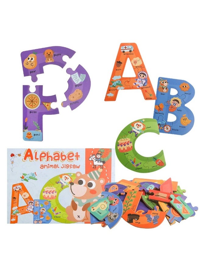 Wooden Jumbo Alphabet, ABC Letter Toddler Puzzles Color Shape Animals Recognition Montessori STEM Jigsaw Preschool Learning Educational Toy for Kids 3 4 5 Years Old Boys Girls Gift
