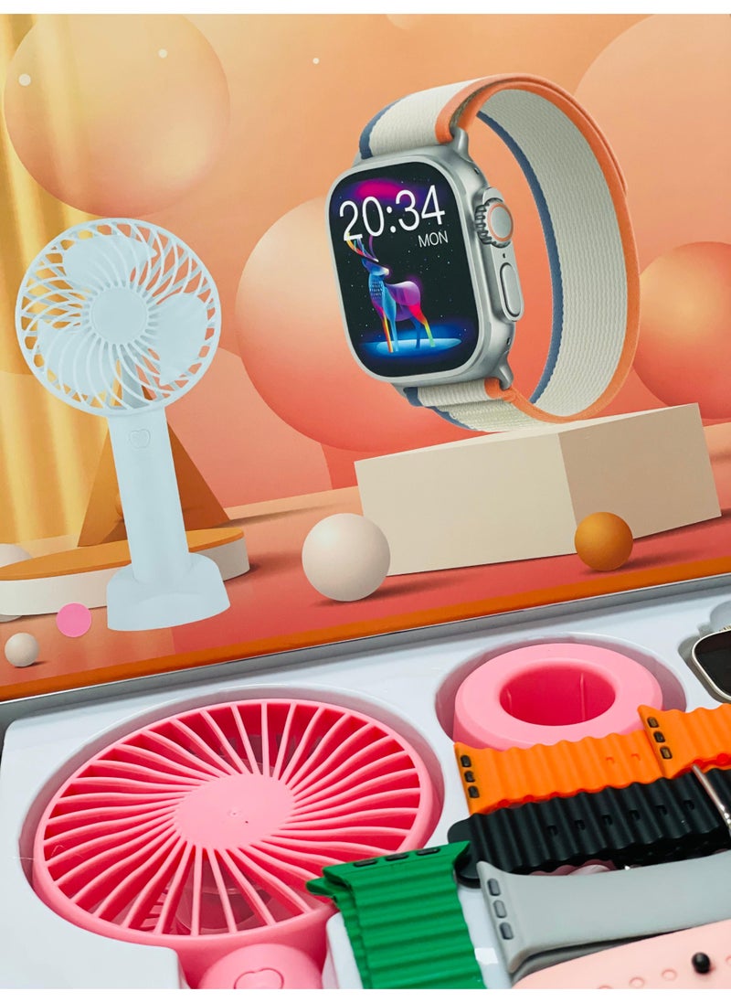 Smart Watch Ultra  with 7 in 1 Straps with Hand Fan Full Touch Color Screen Bluetooth Calling Health and Sports Smartwatch Multicolor