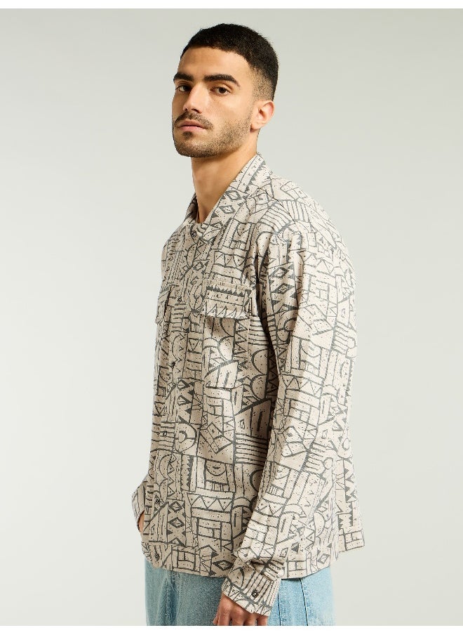 Grey and Beige Abstract Print Shacket