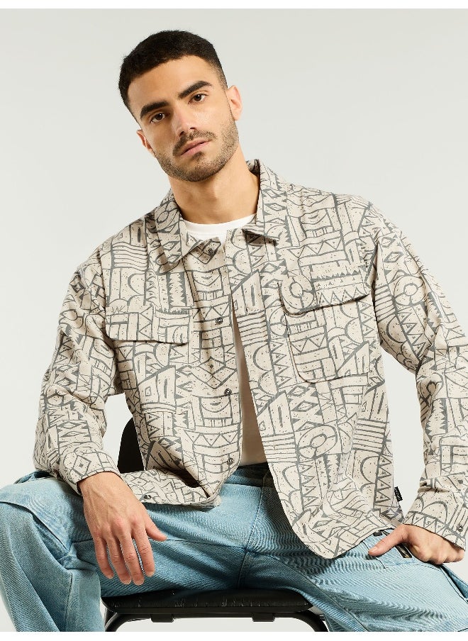 Grey and Beige Abstract Print Shacket