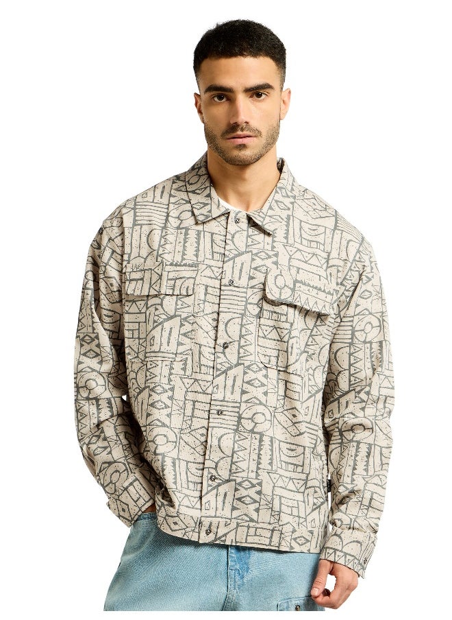 Grey and Beige Abstract Print Shacket