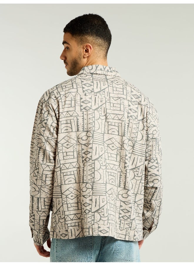 Grey and Beige Abstract Print Shacket