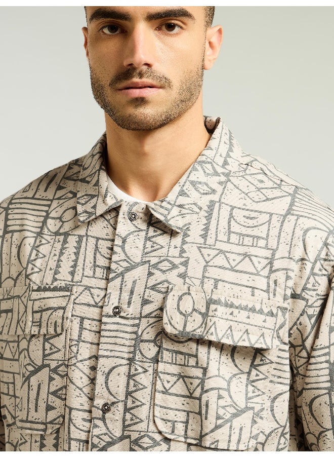 Grey and Beige Abstract Print Shacket