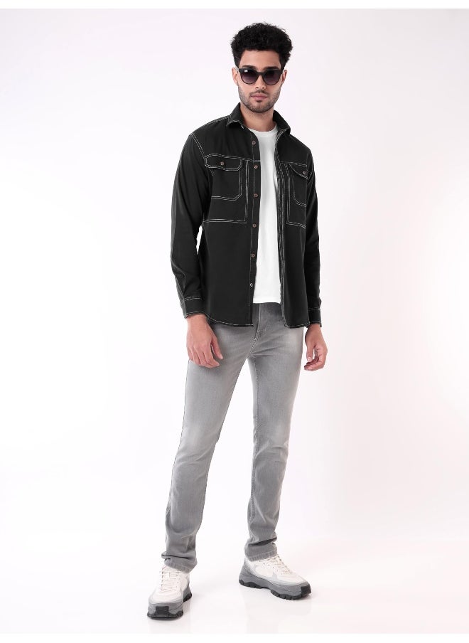 Solid Black Contrast Stitch Urban Shirt for Men
