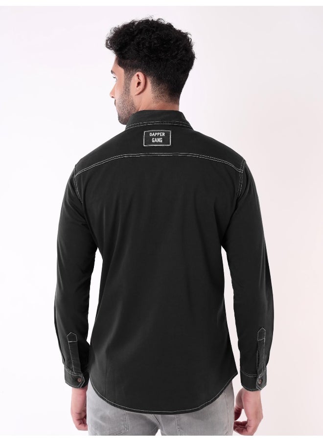 Solid Black Contrast Stitch Urban Shirt for Men