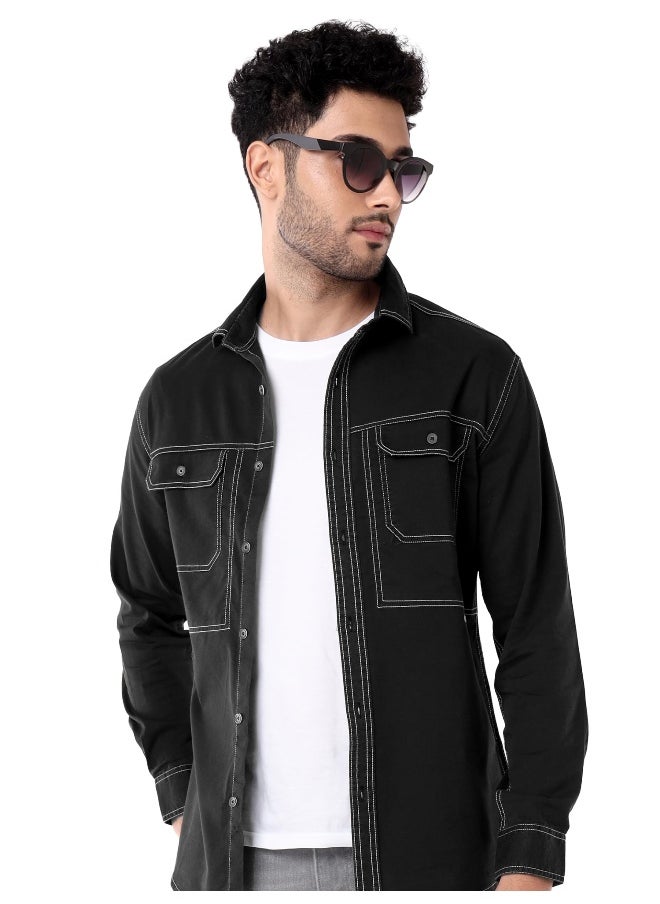 Solid Black Contrast Stitch Urban Shirt for Men