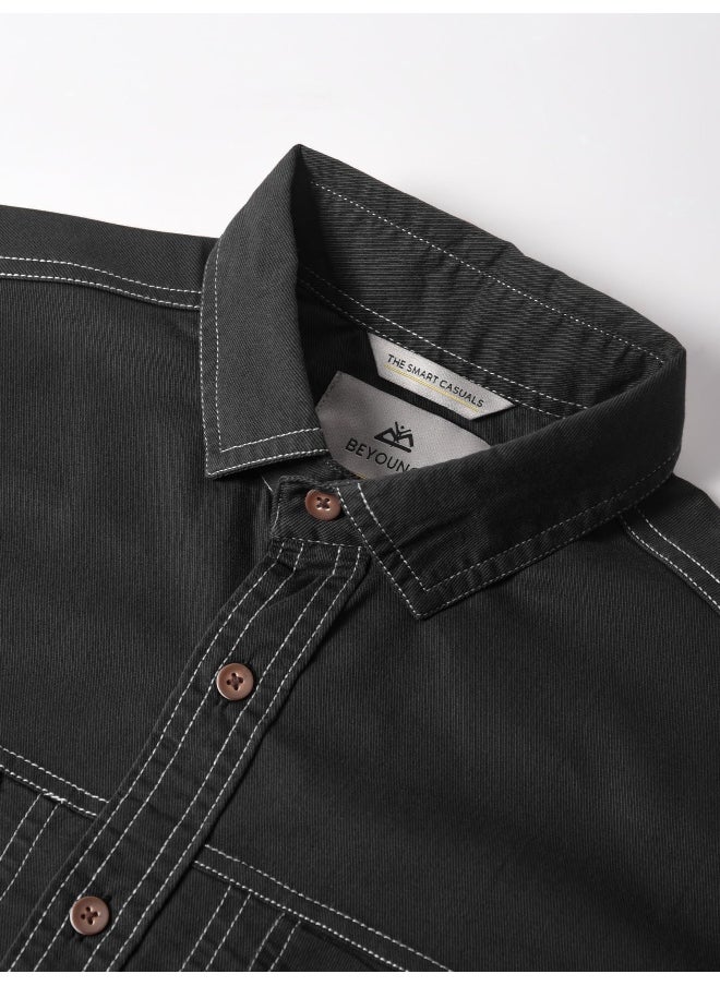 Solid Black Contrast Stitch Urban Shirt for Men