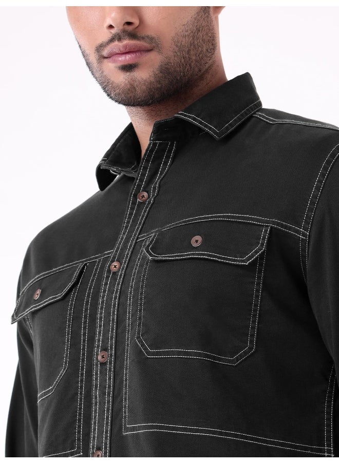 Solid Black Contrast Stitch Urban Shirt for Men