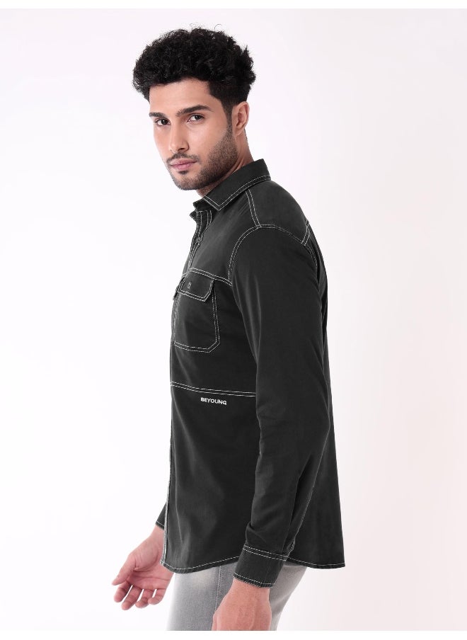 Solid Black Contrast Stitch Urban Shirt for Men