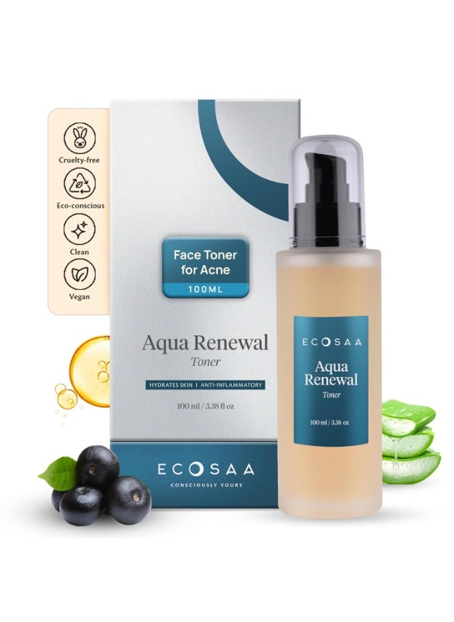 Aqua Renewal Toner For Glowing Skin | Hydrating Toner for Acne Prone Skin with Acai | Aloe Vera & Licorice Extract | Lightweight Face Toner for Open Pores Tightening | Smooth & Plumped Skin 100ML