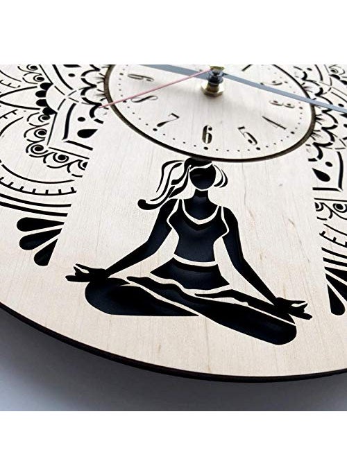 NABSTER Mandala Fitness Yoga Poses Wall Clock Eco Wood Unique Rakhi Gifts Original Presents Home Decor and Wall Art Design Living Room Kitchen Bedroom Kids