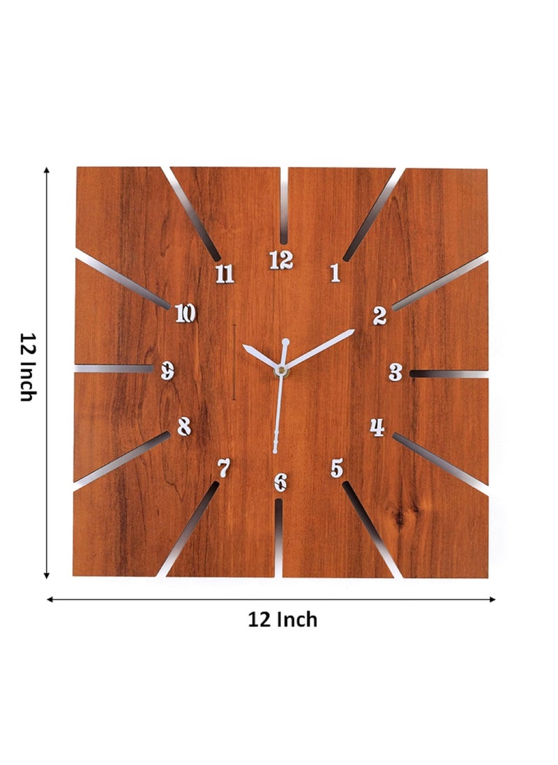 DOLIVA 12 Inch Wooden Square Analog Wall Clock for Home Living Room Bedroom Office and Kitchen Brown