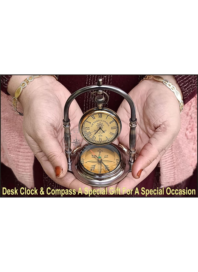Hanzla Collection Nautical Clock Ship Table Clock Brass Desk Clock Maritime Brass Compass with Antique Victoria London Pocket Watch