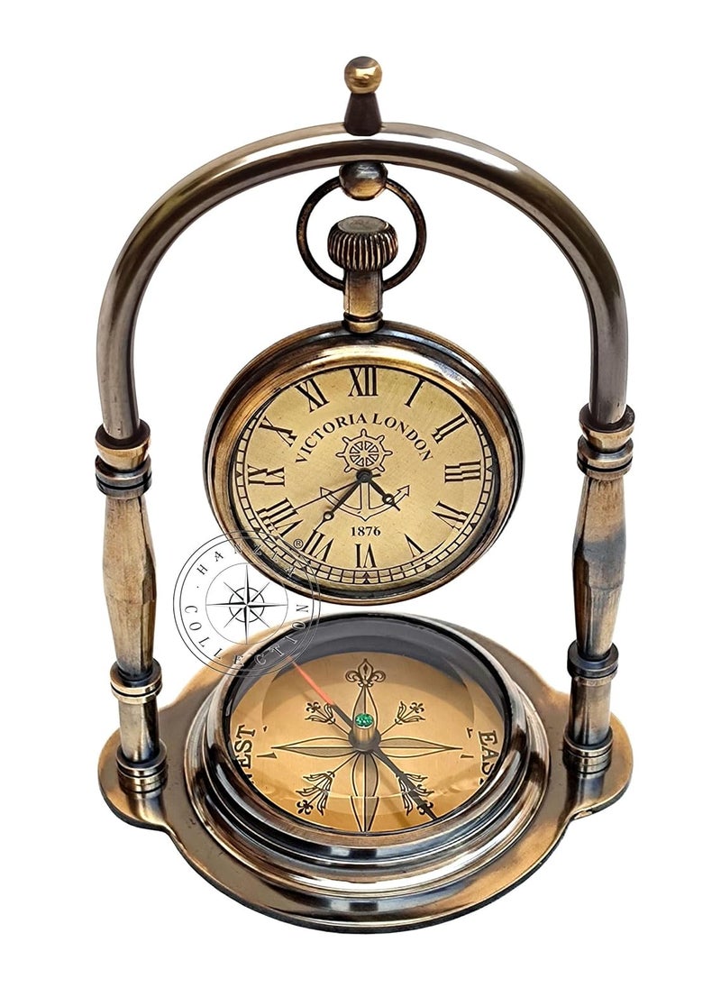 Hanzla Collection Nautical Clock Ship Table Clock Brass Desk Clock Maritime Brass Compass with Antique Victoria London Pocket Watch