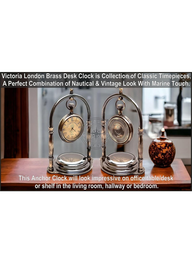 Hanzla Collection Nautical Clock Ship Table Clock Brass Desk Clock Maritime Brass Compass with Antique Victoria London Pocket Watch