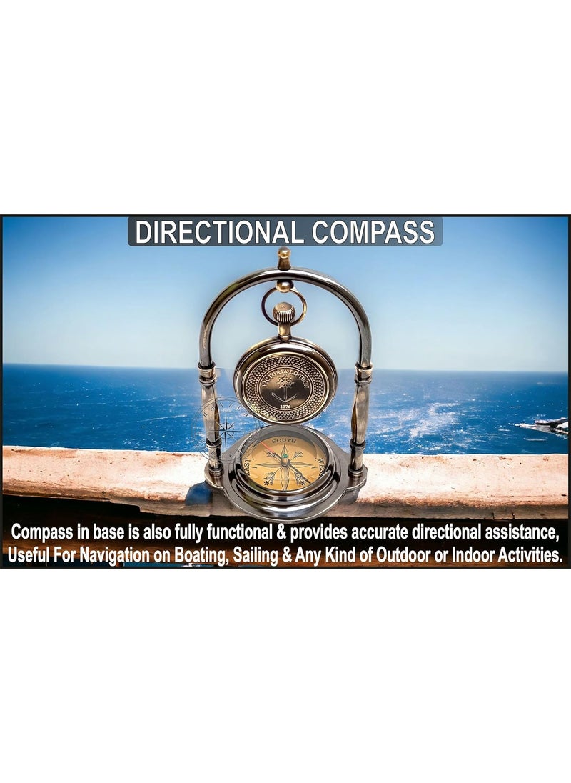 Hanzla Collection Nautical Clock Ship Table Clock Brass Desk Clock Maritime Brass Compass with Antique Victoria London Pocket Watch