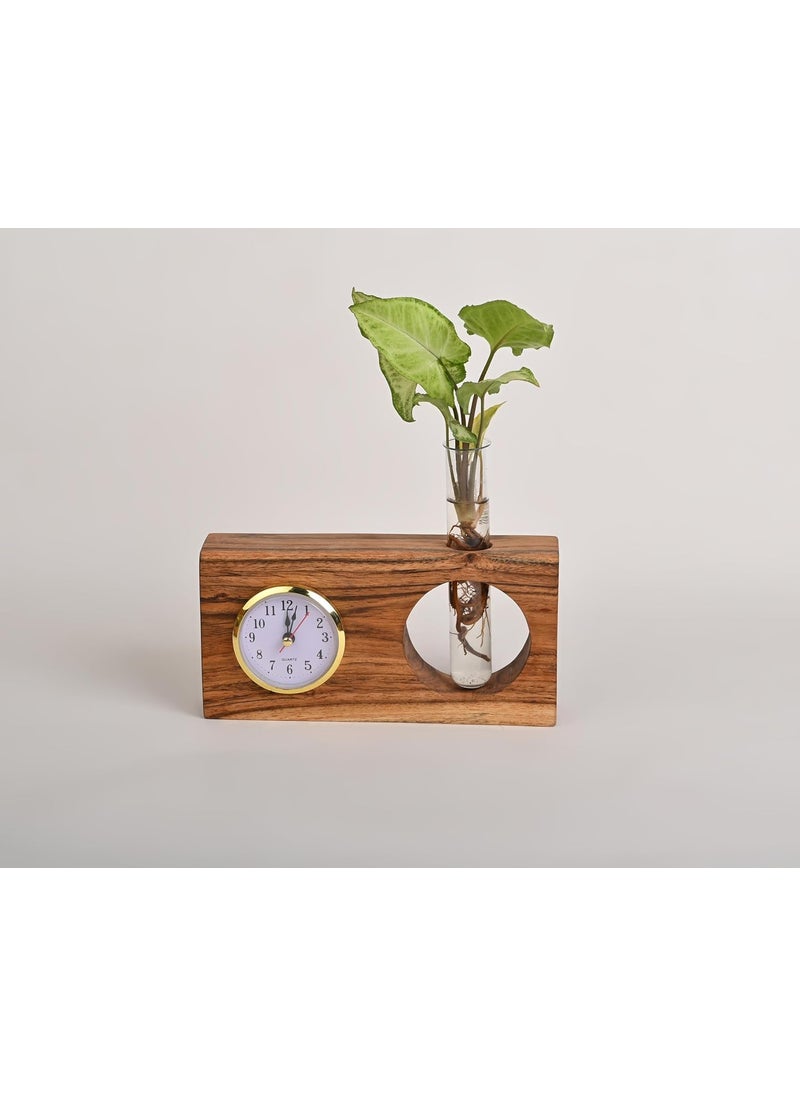 LEAFY INDOOR Wooden Table Clock with Flower Tube MultiPurpose Decorative Desk Clock Planter Rustic Indoor Plant Holder