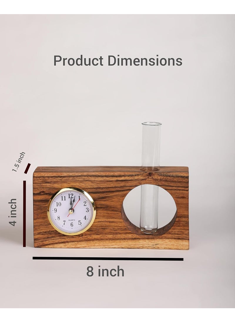 LEAFY INDOOR Wooden Table Clock with Flower Tube MultiPurpose Decorative Desk Clock Planter Rustic Indoor Plant Holder