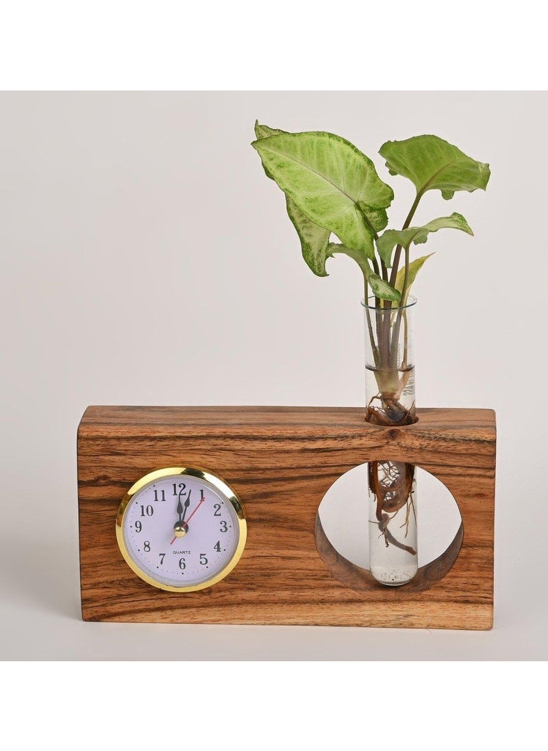 LEAFY INDOOR Wooden Table Clock with Flower Tube MultiPurpose Decorative Desk Clock Planter Rustic Indoor Plant Holder