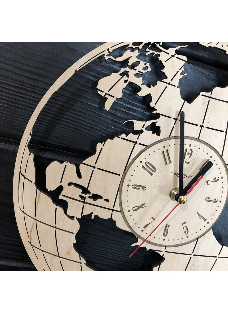 NABSTER Earth Globe World Map Geography Wall Clock Wood Kitchen Decor Living Room Gifts Art Office Kids Anniversary Christmas Birthday Globe Clock 12 Inch 30 cm