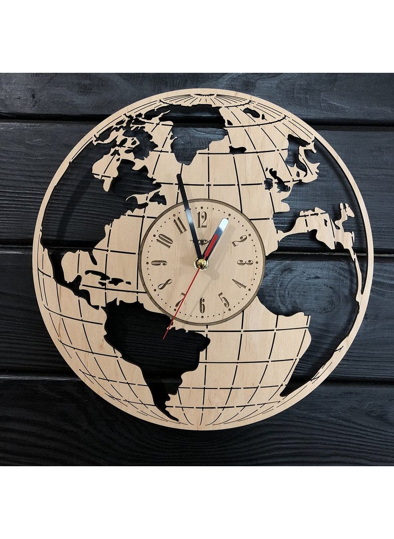NABSTER Earth Globe World Map Geography Wall Clock Wood Kitchen Decor Living Room Gifts Art Office Kids Anniversary Christmas Birthday Globe Clock 12 Inch 30 cm
