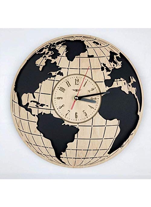NABSTER Eco Birch Wood Earth Globe Worlds Map Silent Quartz Movement Wall Clock for Home Decor 12 Inch Black Brown