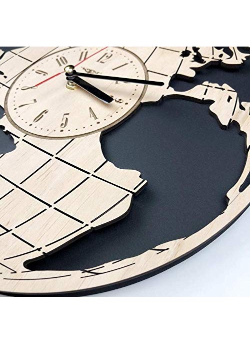 NABSTER Eco Birch Wood Earth Globe Worlds Map Silent Quartz Movement Wall Clock for Home Decor 12 Inch Black Brown