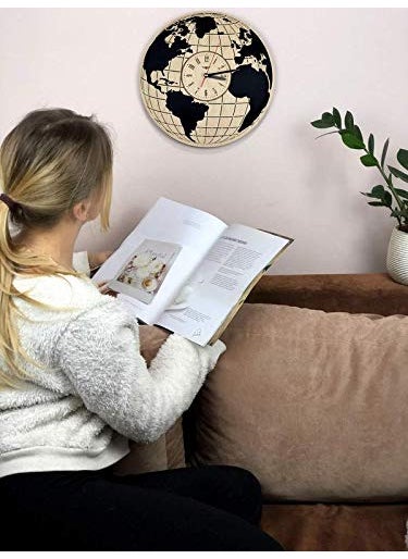 NABSTER Eco Birch Wood Earth Globe Worlds Map Silent Quartz Movement Wall Clock for Home Decor 12 Inch Black Brown