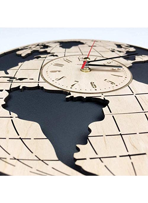 NABSTER Eco Birch Wood Earth Globe Worlds Map Silent Quartz Movement Wall Clock for Home Decor 12 Inch Black Brown