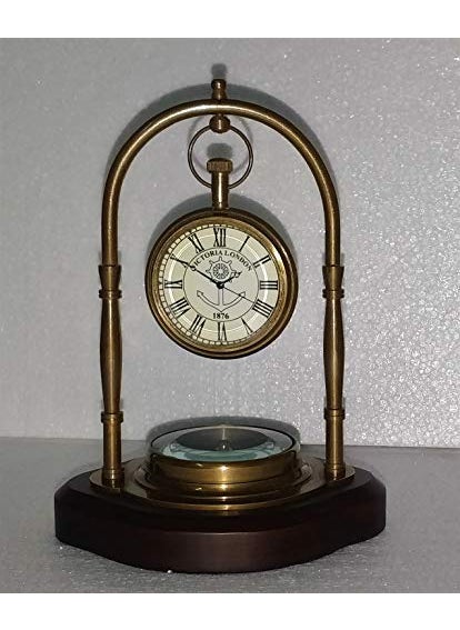 Castle Instruments Beautiful Antique Style Brass Table Clock with Magnetic Compass with Wooden Base