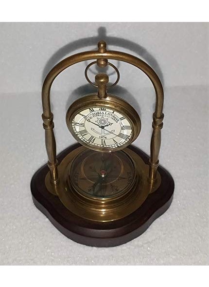 Castle Instruments Beautiful Antique Style Brass Table Clock with Magnetic Compass with Wooden Base