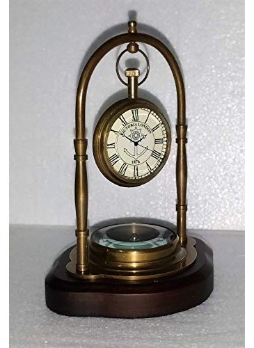 Castle Instruments Beautiful Antique Style Brass Table Clock with Magnetic Compass with Wooden Base