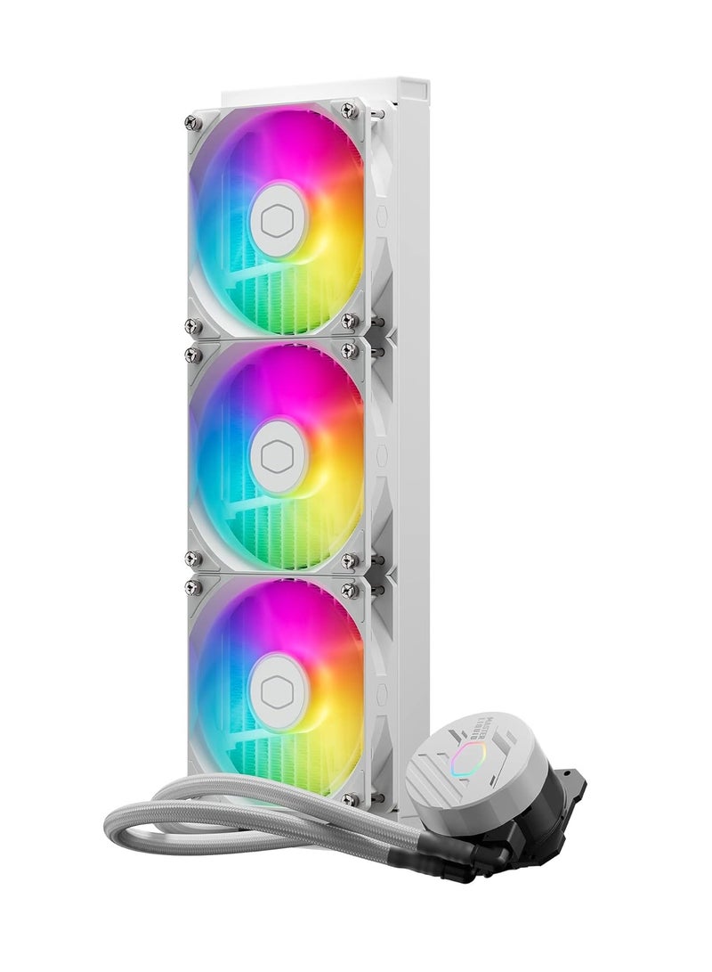 MasterLiquid 360L Core ARGB White, 360mm AIO Liquid CPU Cooler, Dual-Chamber Pump, 3x 120mm ARGB Fans, Supports Intel LGA1700/1200/115x & AMD AM5/AM4, 650-1750 RPM, 71.93 CFM, 27.2 dBA, CryoFuze Thermal Paste | MLW-D36M-A18PZ-RW