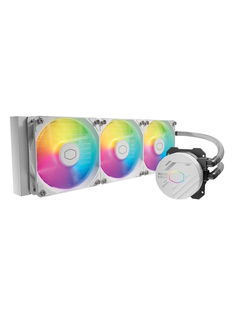 MasterLiquid 360L Core ARGB White, 360mm AIO Liquid CPU Cooler, Dual-Chamber Pump, 3x 120mm ARGB Fans, Supports Intel LGA1700/1200/115x & AMD AM5/AM4, 650-1750 RPM, 71.93 CFM, 27.2 dBA, CryoFuze Thermal Paste | MLW-D36M-A18PZ-RW