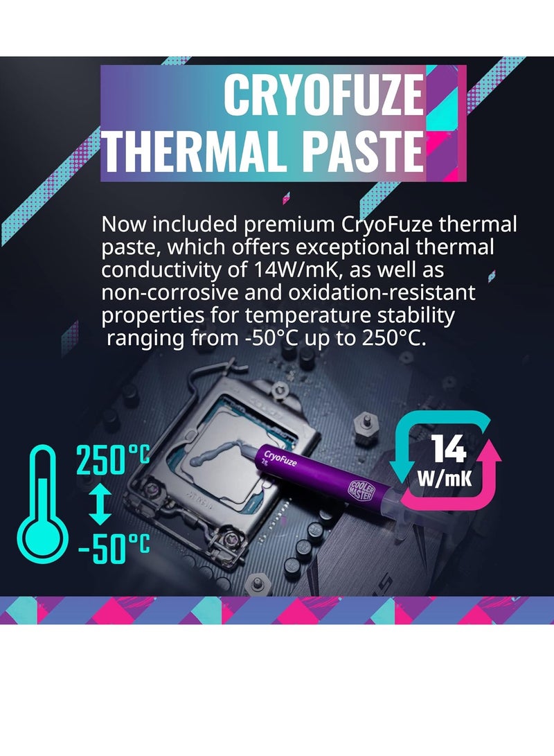 MasterLiquid 360L Core ARGB White, 360mm AIO Liquid CPU Cooler, Dual-Chamber Pump, 3x 120mm ARGB Fans, Supports Intel LGA1700/1200/115x & AMD AM5/AM4, 650-1750 RPM, 71.93 CFM, 27.2 dBA, CryoFuze Thermal Paste | MLW-D36M-A18PZ-RW