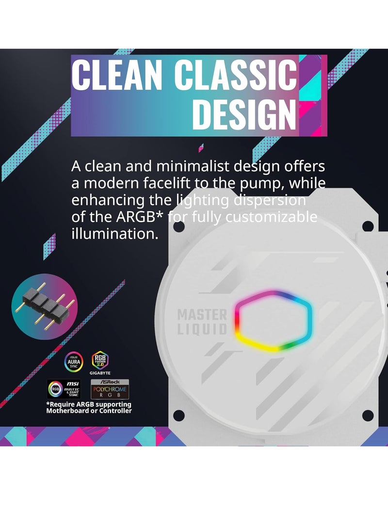MasterLiquid 360L Core ARGB White, 360mm AIO Liquid CPU Cooler, Dual-Chamber Pump, 3x 120mm ARGB Fans, Supports Intel LGA1700/1200/115x & AMD AM5/AM4, 650-1750 RPM, 71.93 CFM, 27.2 dBA, CryoFuze Thermal Paste | MLW-D36M-A18PZ-RW