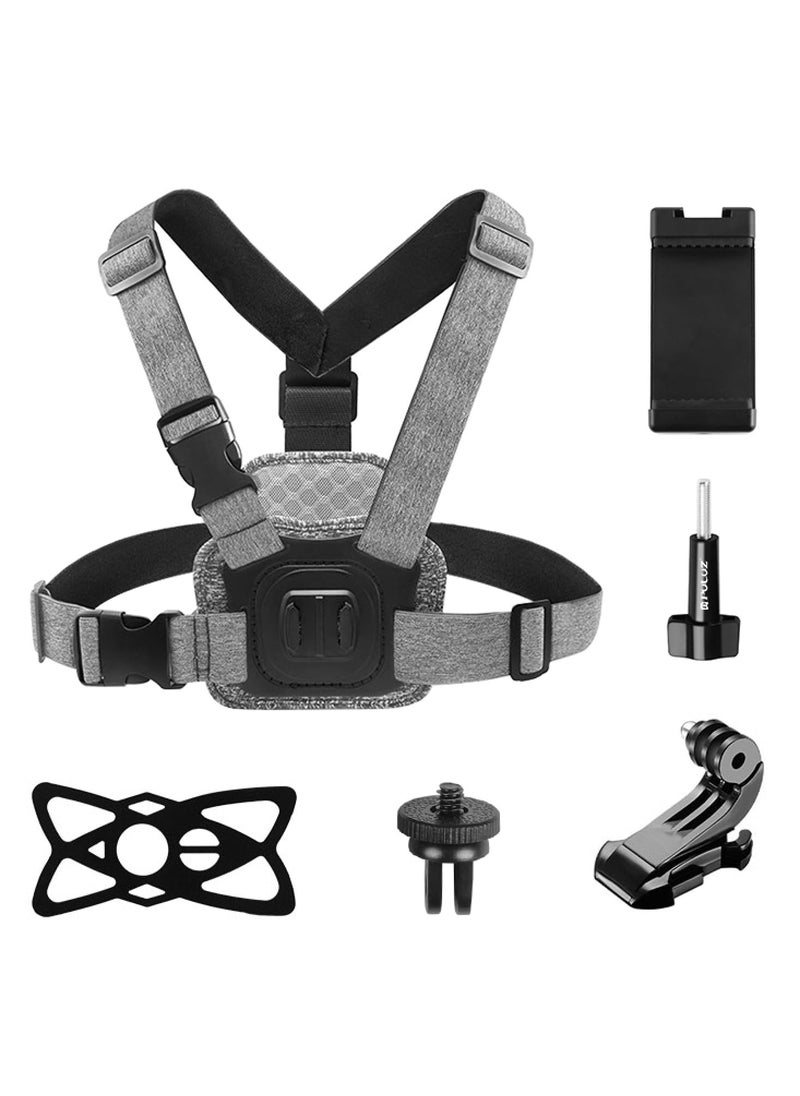 Adjustable Chest Strap with J Hook Mount Long Screw and Phone Clamp for Adventure Photography