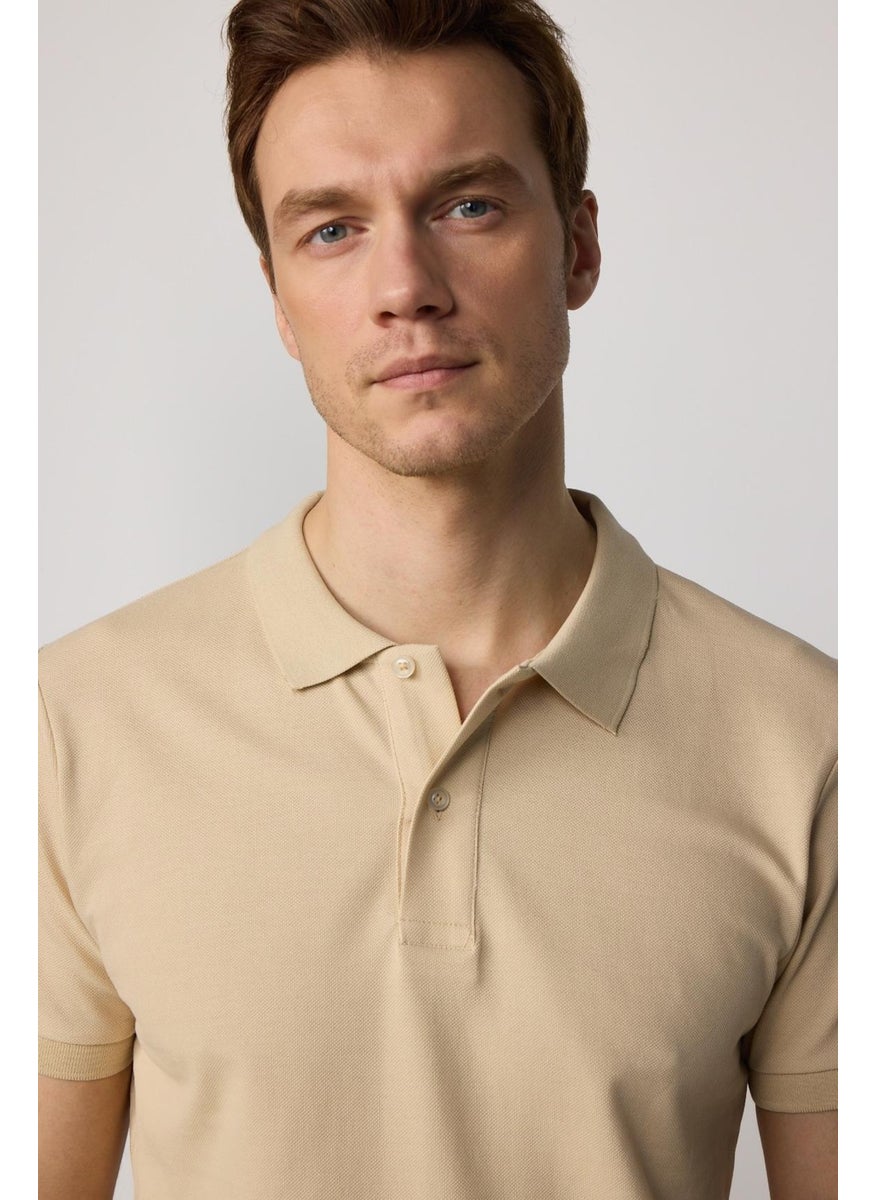 Men's Slim Fit Narrow Cut Cotton Plain Pique Cream Color Polo Collar T-Shirt