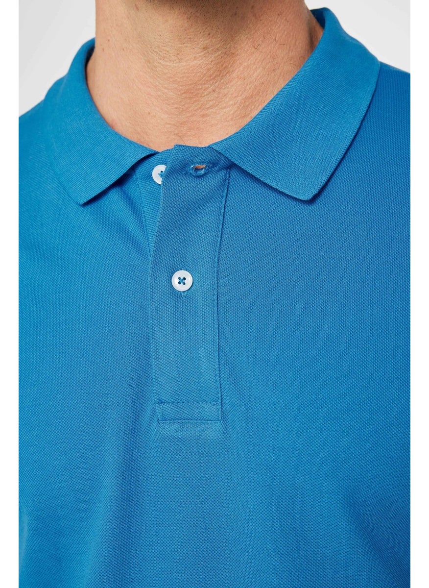 Men's Slim Fit Narrow Cut Cotton Plain Pique Blue Polo Collar T-Shirt