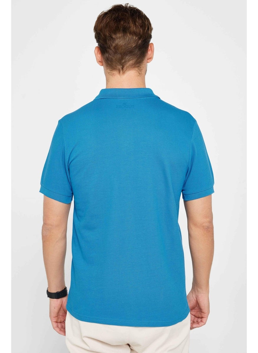 Men's Slim Fit Narrow Cut Cotton Plain Pique Blue Polo Collar T-Shirt