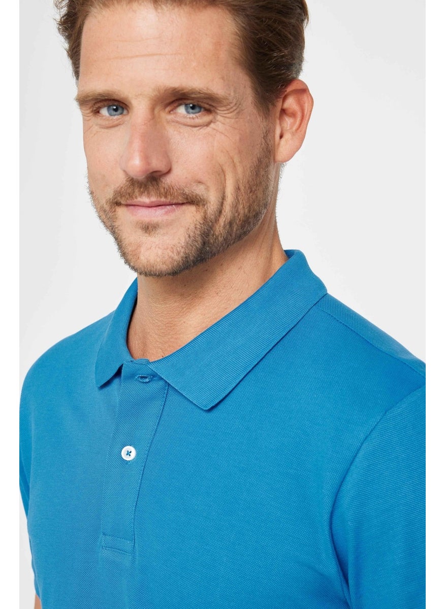 Men's Slim Fit Narrow Cut Cotton Plain Pique Blue Polo Collar T-Shirt
