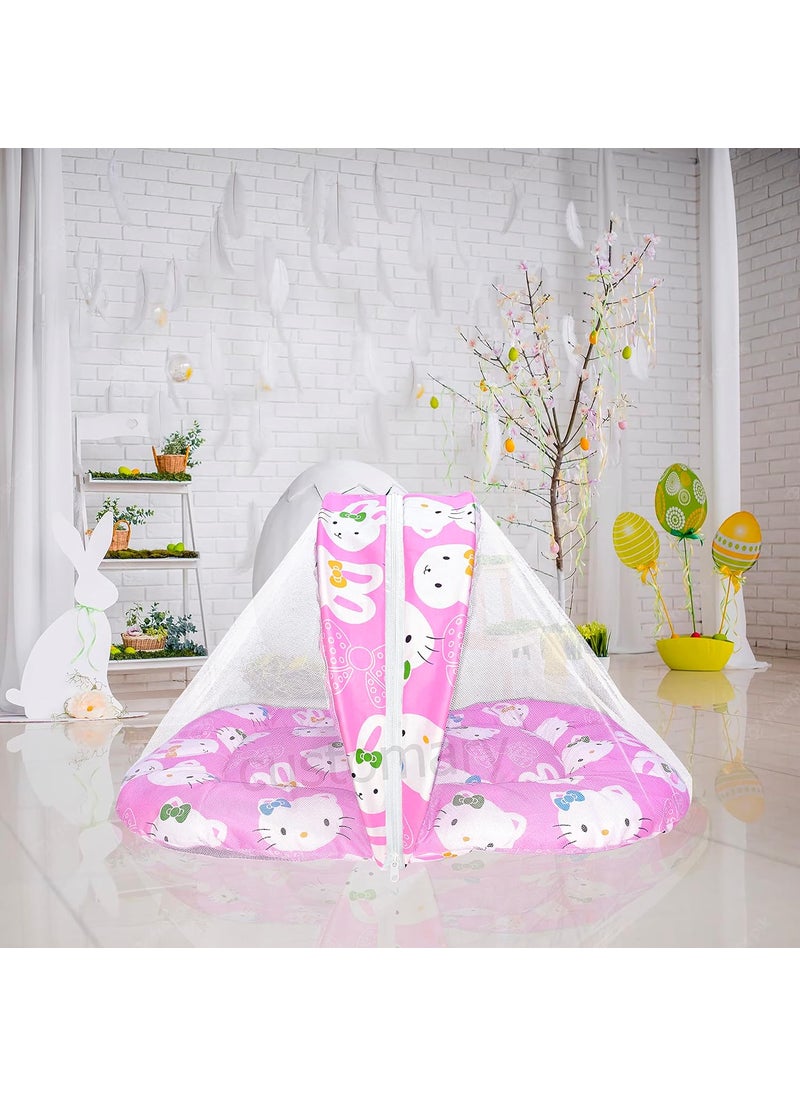 CUSTOMARY New Born Baby Mattress with Mosquito Net Sleeping Bag Combo Baby Gift Set Pink Kitty Peach