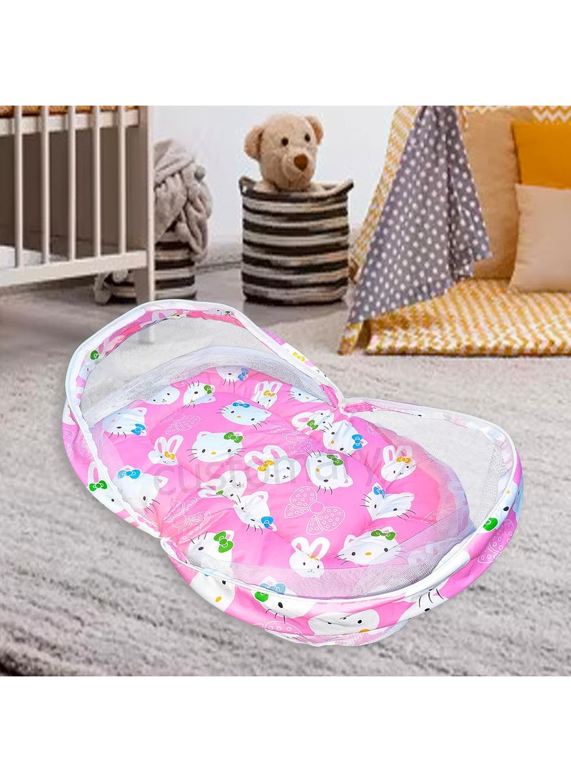 CUSTOMARY New Born Baby Mattress with Mosquito Net Sleeping Bag Combo Baby Gift Set Pink Kitty Peach