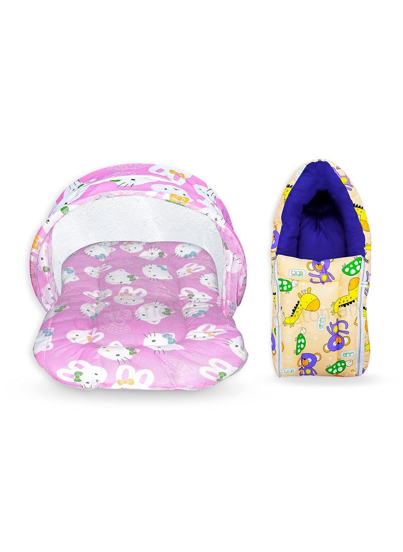 CUSTOMARY New Born Baby Mattress with Mosquito Net Sleeping Bag Combo Baby Gift Set Pink Kitty Peach