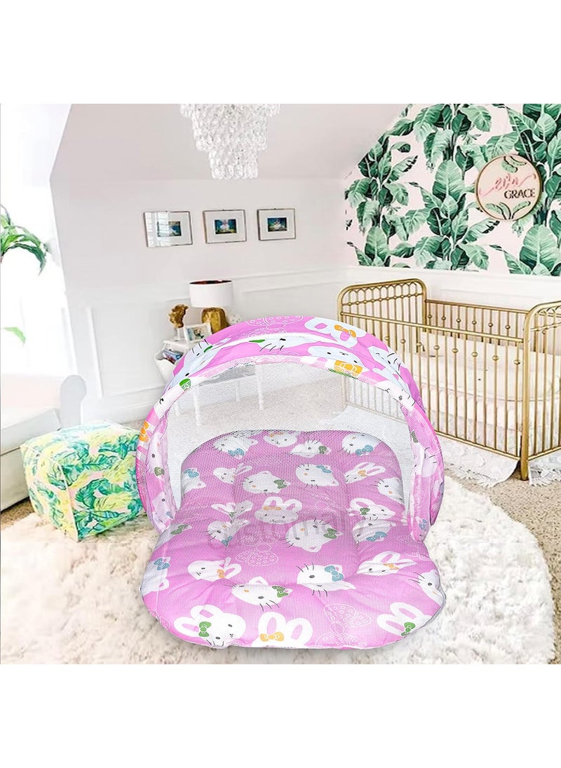 CUSTOMARY New Born Baby Mattress with Mosquito Net Sleeping Bag Combo Baby Gift Set Pink Kitty Peach