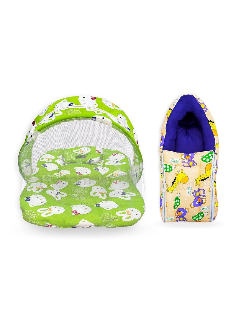 CUSTOMARY New Born Baby Mattress with Mosquito Net Sleeping Bag Combo Gift Set 03 Months Green Kitty Peach